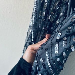 Pretty long sequin party dress, gunmetal color, heart neck